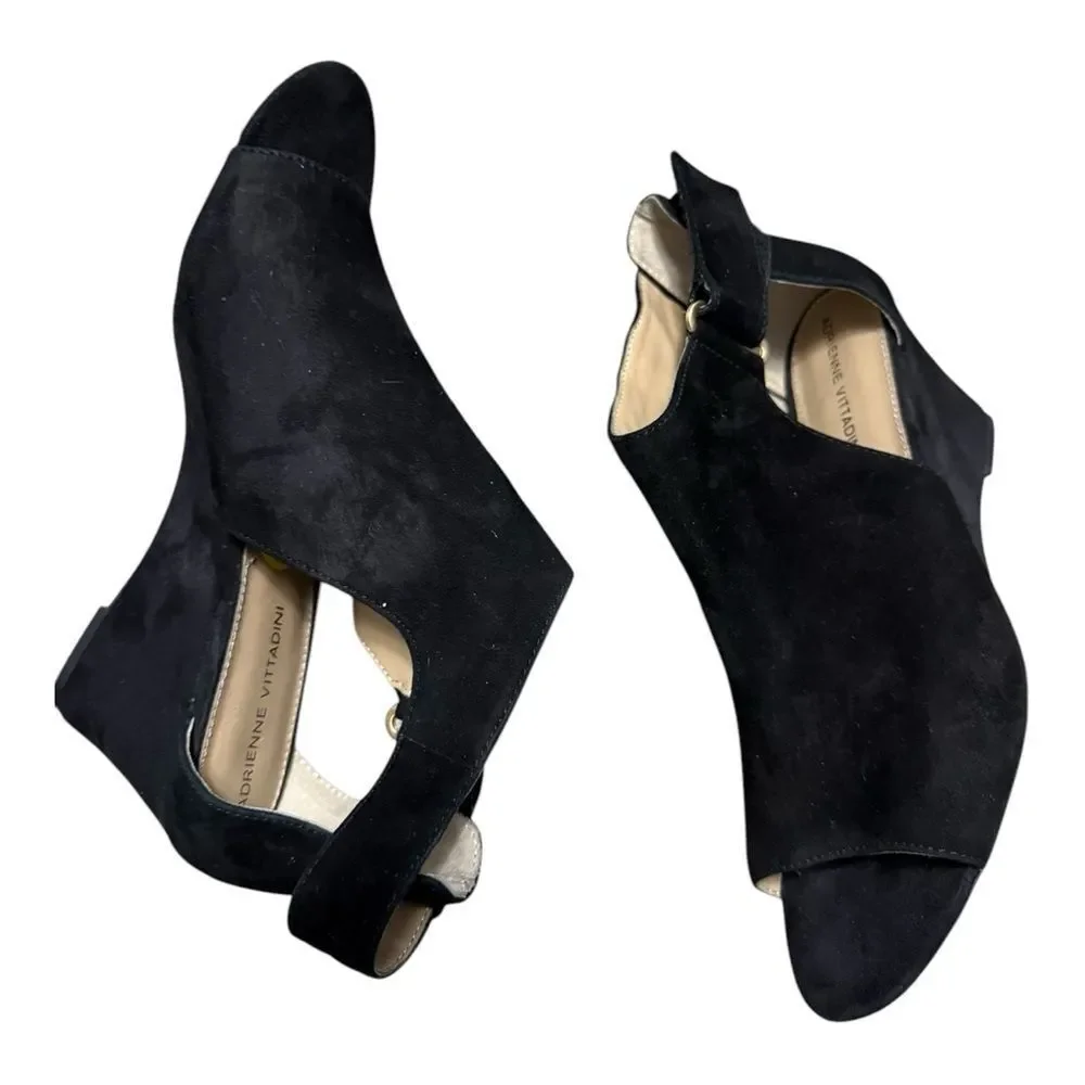 Adrienne Vittadini NELO Open Heel/ Toe Black suede, wedge heel size 9